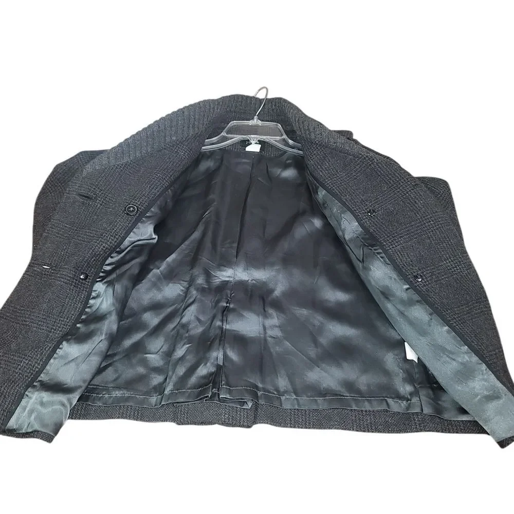 J Crew 6 Plaid Peacoat Wool Blend Shawl Collar Gray Office Fisherman‎ Winter Y2K - Picture 6 of 8